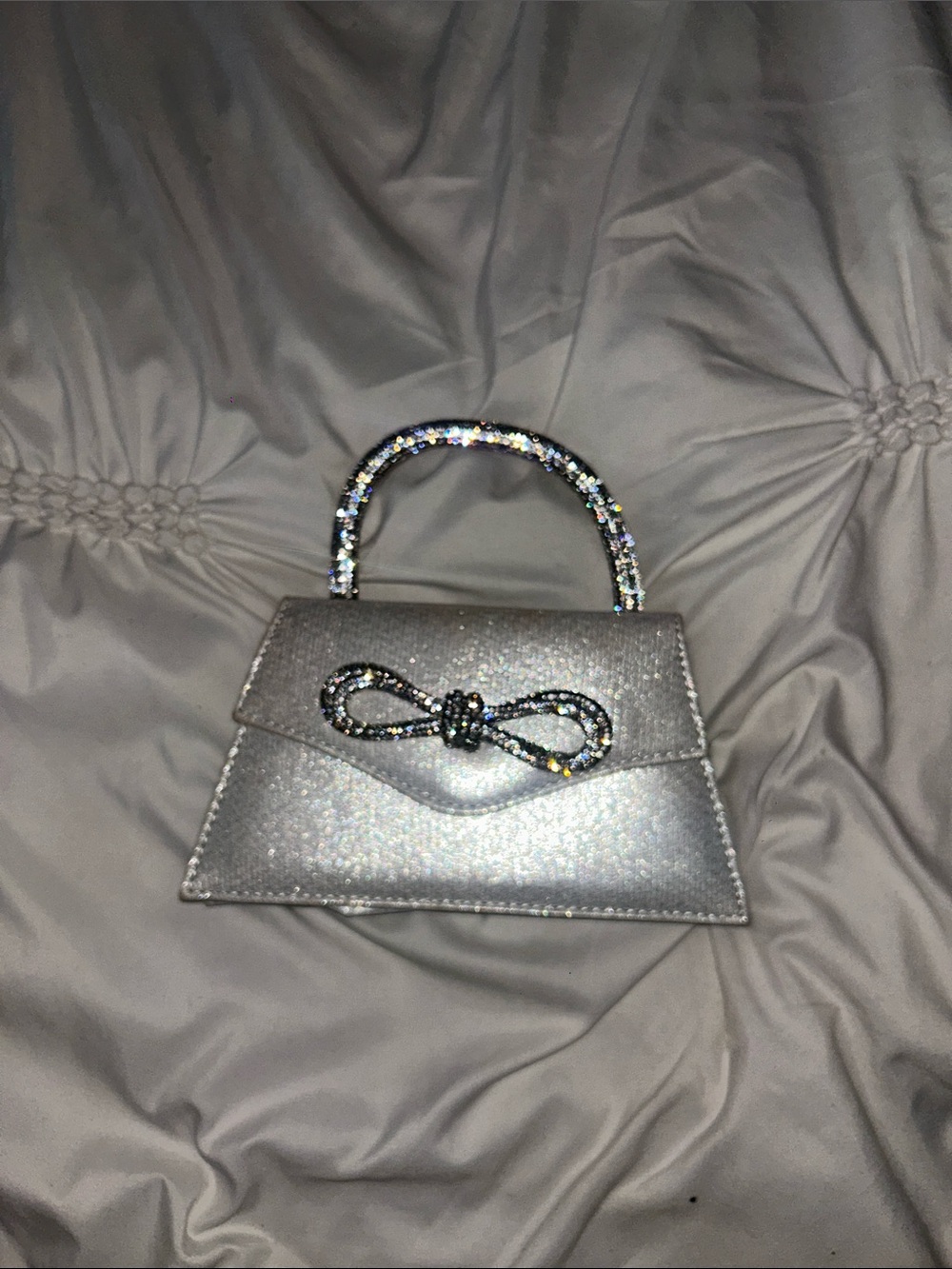 Source Unknown Silver Mini Top-Handle Bag with Crystal Bow